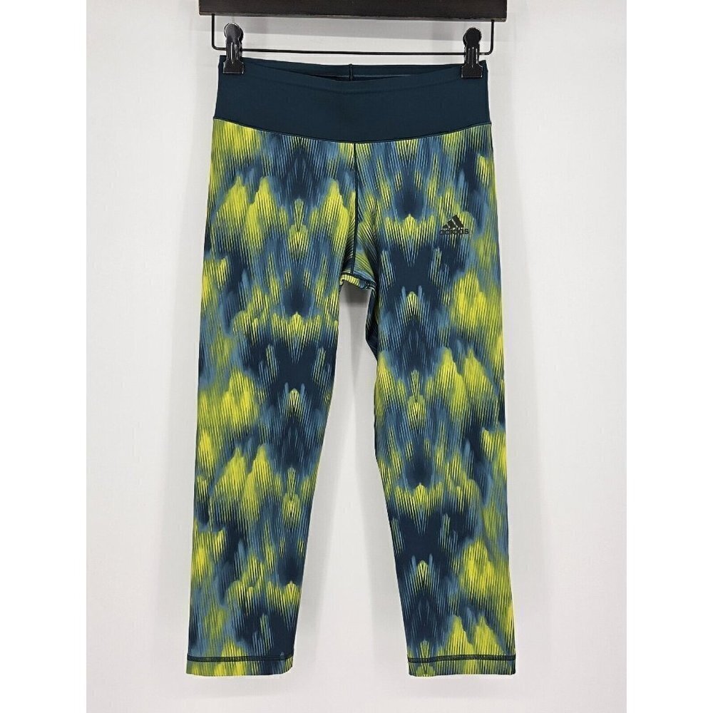 WOMANS ADIDAS CLIMALITE GREEN & TEAL CAPRI LEGGINGS SIZE SMALL